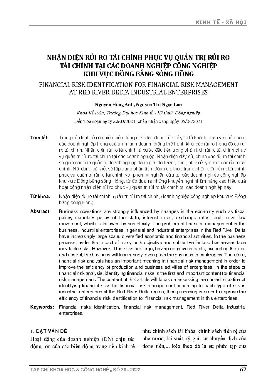 Nhận diện rủi ro tài chính phục vụ quản trị rủi ro tài chính tại các doanh nghiệp công nghiệp khu vực đồng bằng sông Hồng = Financial risk identification for financial risk management at Red river delta industrial enterprises