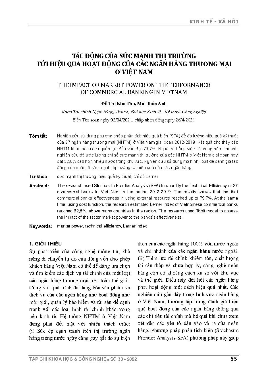 Tác động của sức mạnh thị trường tới hiệu quả hoạt động của các ngân hàng thương mại ở Việt Nam = The impact of market power on the performance of commercial banking in Vietnam
