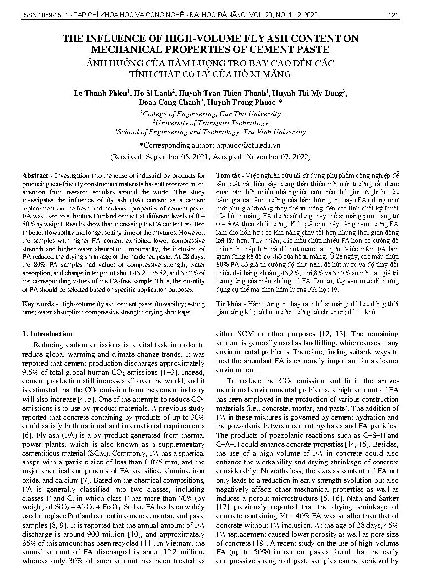 Ảnh hưởng của hàm lượng tro bay cao đến các tính chất cơ lý của hồ xi măng = The influence of high-volume fly ash content on mechanical properties of cement paste