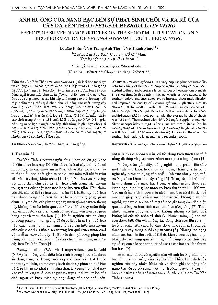 Ảnh hưởng của nano bạc lên sự phát sinh chồi và ra rễ của cây dạ yến thảo (petunia hybrida l.) in vitr = Effects of silver nanoparticles on the shoot multiplication and root formation of petunia hybrida l. cultured in vitro