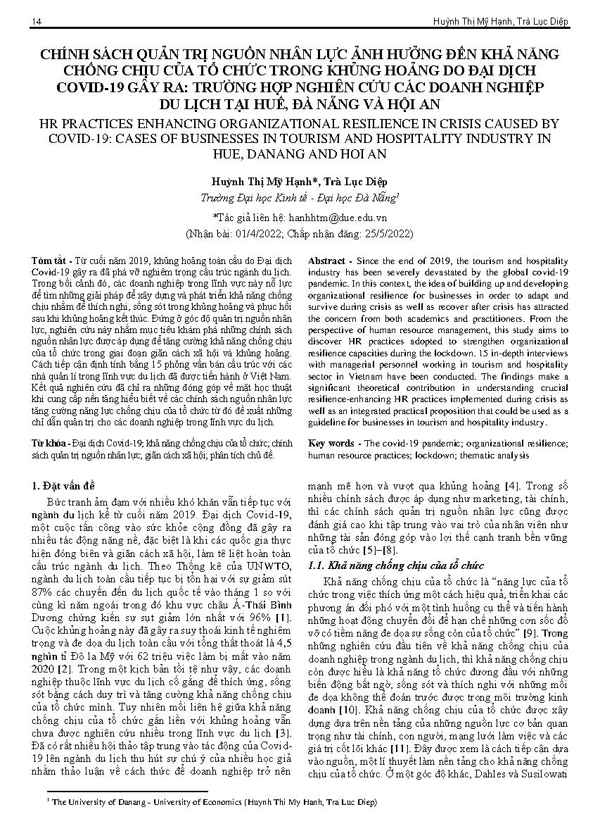 Chính sách quản trị nguồn nhân lực ảnh hưởng đến khả năng chống chịu của tổ chức trong khủng hoảng do đại dịch Covid-19 gây ra: Trường hợp nghiên cứu các doanh nghiệp du lịch tại Huế, Đà Nẵng và Hội An = Hr practices enhancing organizational resilience in