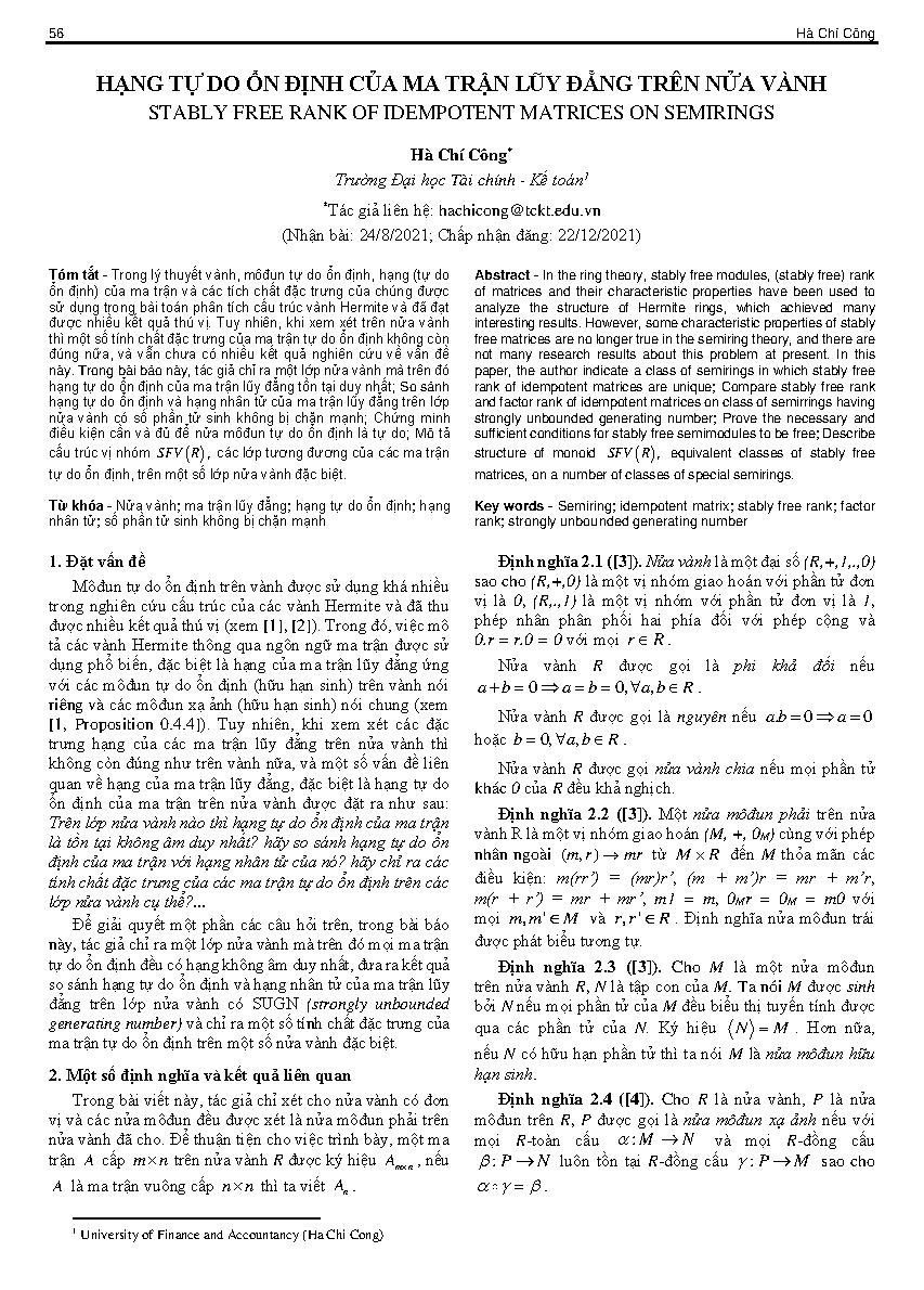 Hạng tự do ổn định của ma trận lũy đẳng trên nửa vành = Stably free rank of idempotent matrices on semirings