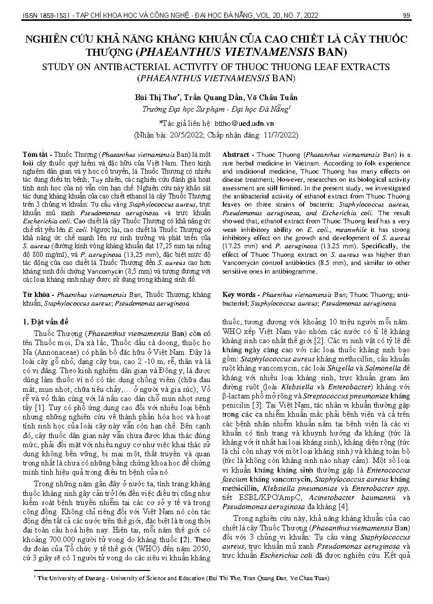 Nghiên cứu khả năng kháng khuẩn của cao chiết lá cây thuốc thượng (phaeanthus vietnamensis ban) = Study On Antibacterial Activity Of Thuoc Thuong Leaf Extracts (Phaeanthus Vietnamensis Ban)