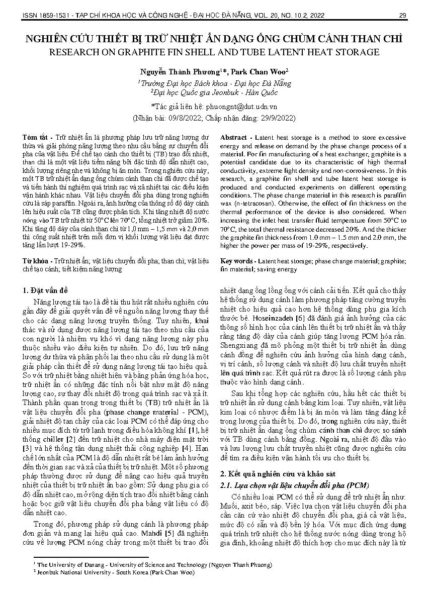 Nghiên cứu thiết bị trữ nhiệt ẩn dạng ống chùm cánh than chì = Research on graphite fin shell and tube latent heat storage