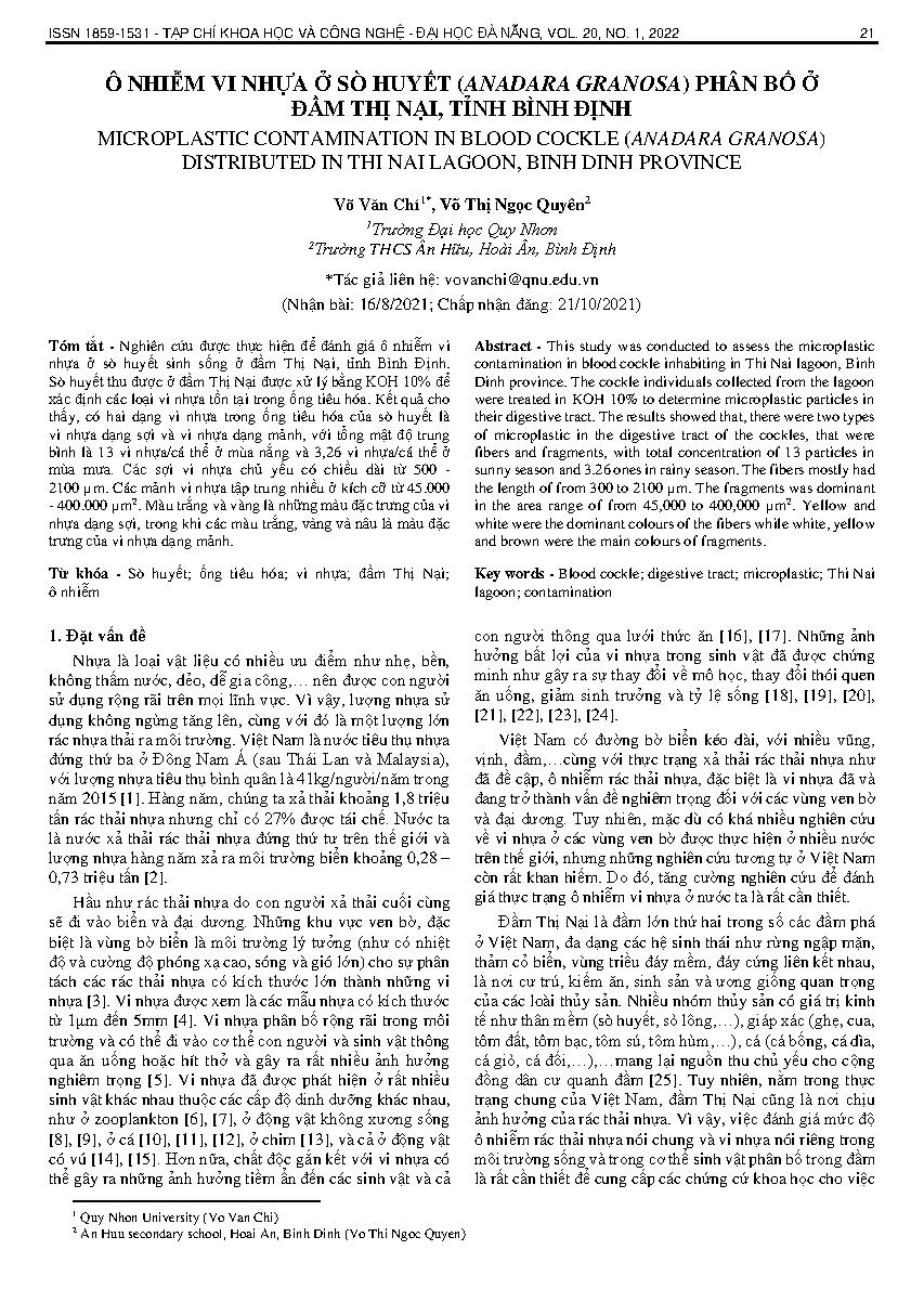 Ô nhiễm vi nhựa ở sò huyết (anadara granosa) phân bố ở đầm Thị Nại, tỉnh Bình Định = Microplastic contamination in blood cockle (anadara granosa) distributed in Thi Nai lagoon, Binh Dinh province