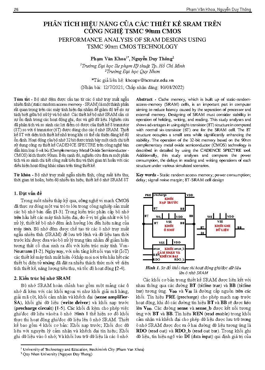 Phân tích hiệu năng của các thiết kế sram trên công nghệ tsmc 90nm CMOS = Performance analysis of sram designs using tsmc 90nm CMOS technology