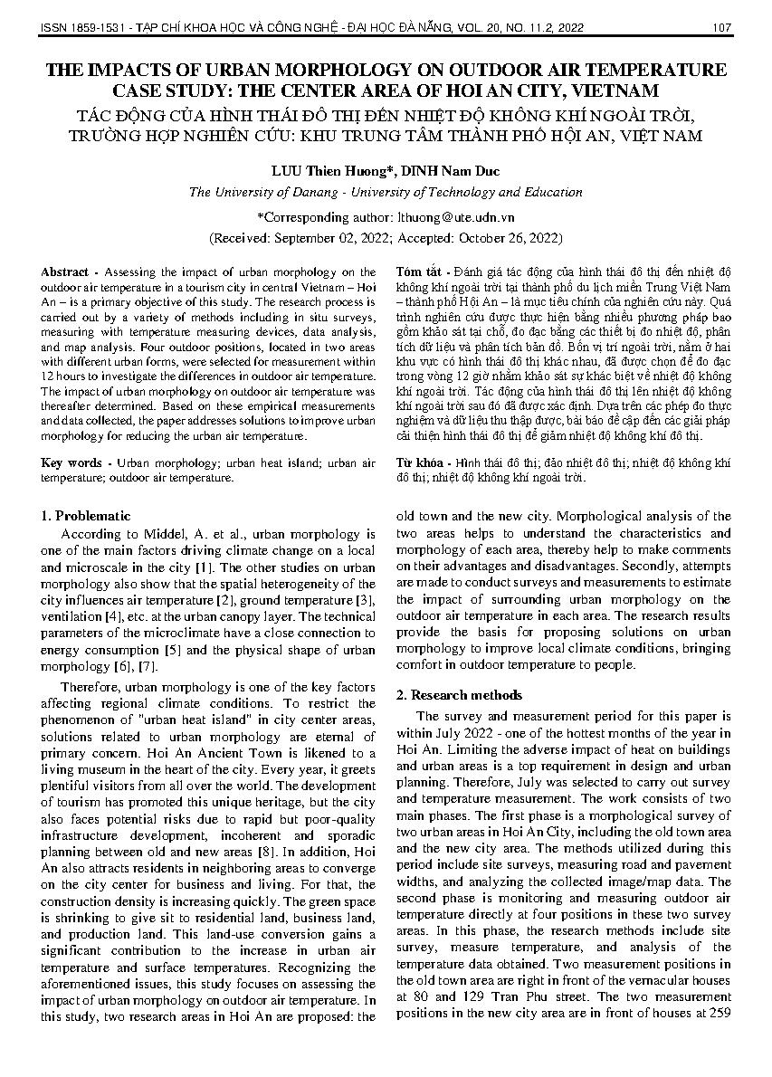 Tác động của hình thái đô thị đến nhiệt độ không khí ngoài trời, trường hợp nghiên cứu: khu trung tâm thành phố Hội An, Việt Nam = The impacts of urban morphology on outdoor air temperature case study: the center area of Hoi An city, Vietnam