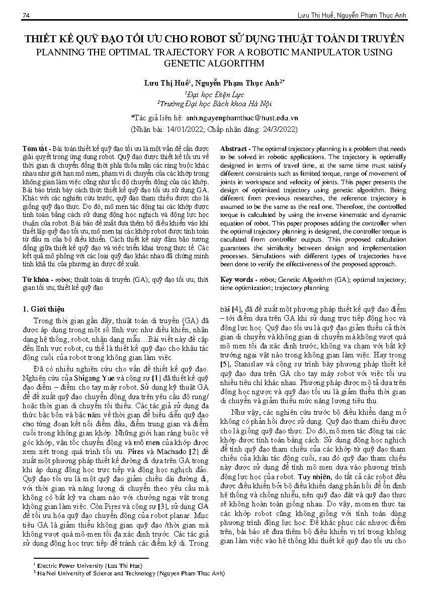 Thiết kế quỹ đạo tối ưu cho robot sử dụng thuật toán di truyền = Planning the optimal trajectory for a robotic manipulator using genetic algorithm