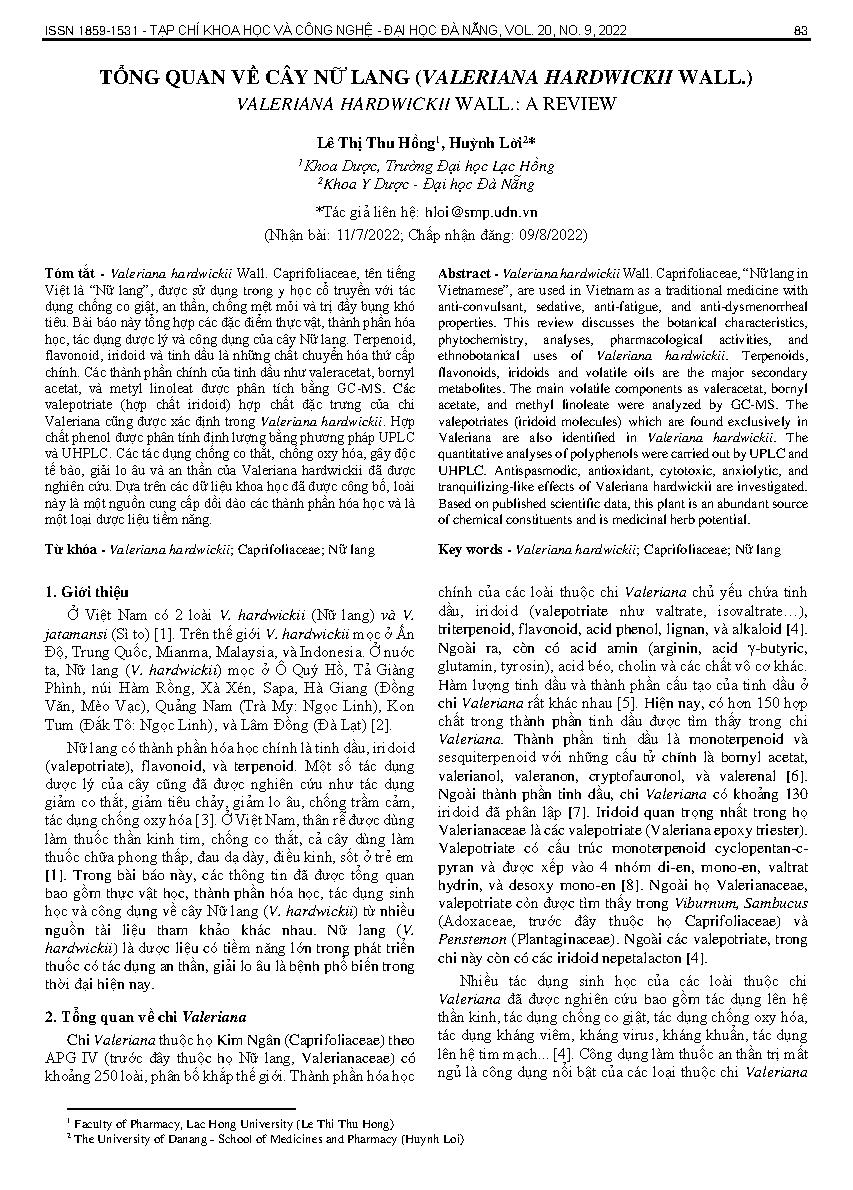 Tổng quan về cây nữ lang (Valeriana hardwickii wall.) = Valeriana hardwickii wall.: a review