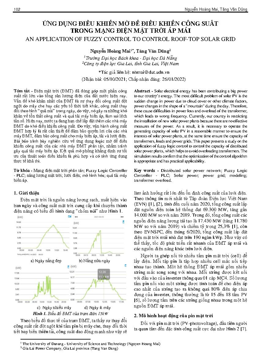 Ứng dụng điều khiển mờ để điều khiển công suất trong mạng điện mặt trời áp mái = An application of fuzzy control to control roof-top solar grid