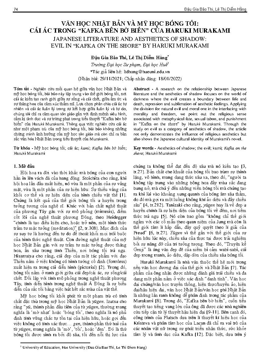 Văn học Nhật Bản và mỹ học bóng tối: cái ác trong “kafka bên bờ biển” của haruki murakami = Japanese literature and aesthetics of shadow: evil in “kafka on the shore” by haruki murakami