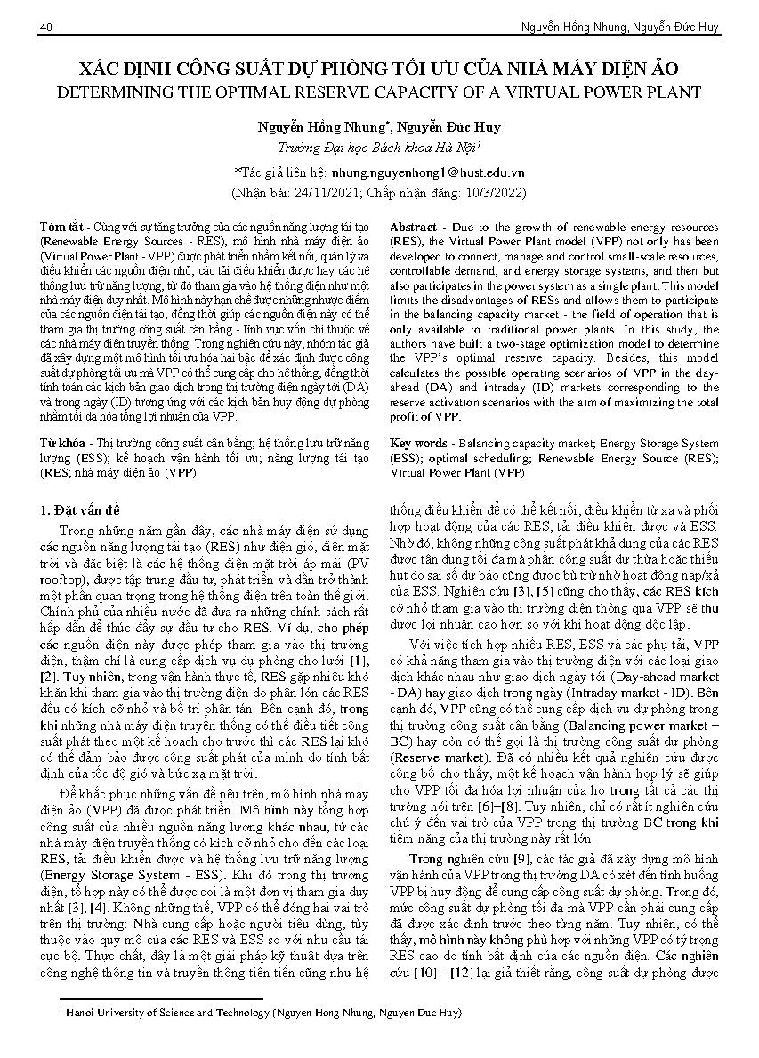 Xác định công suất dự phòng tối ưu của nhà máy điện ảo = Determining the optimal reserve capacity of a virtual power plant