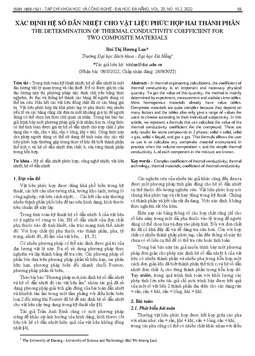 Xác định hệ số dẫn nhiệt cho vật liệu phức hợp hai thành phần = The determination of thermal conductivity coefficient for two composite materials