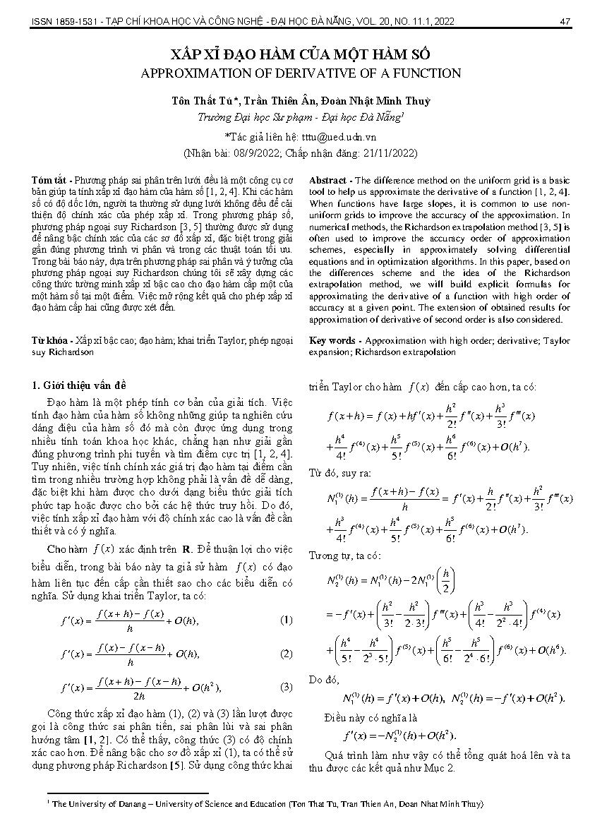 Xấp xỉ đạo hàm của một hàm số = Approximation of derivative of a function