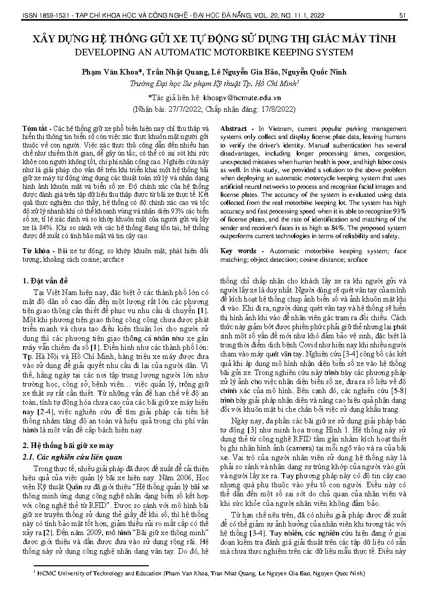 Xây dựng hệ thống gửi xe tự động sử dụng thị giác máy tính = Developing an automatic motorbike keeping system