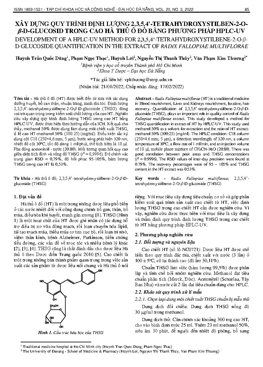 Xây dựng quy trình định lượng 2,3,5,4’-tetrahydroxystilben-2-o-β-d-glucosid trong cao hà thủ ô đỏ bằng phương pháp hplc-uv = Development of a hplc-uv method for 2,3,5,4’-tetrahydroxystilbene-2-o-β-d-glucoside quantification in the extract of radix fallopi