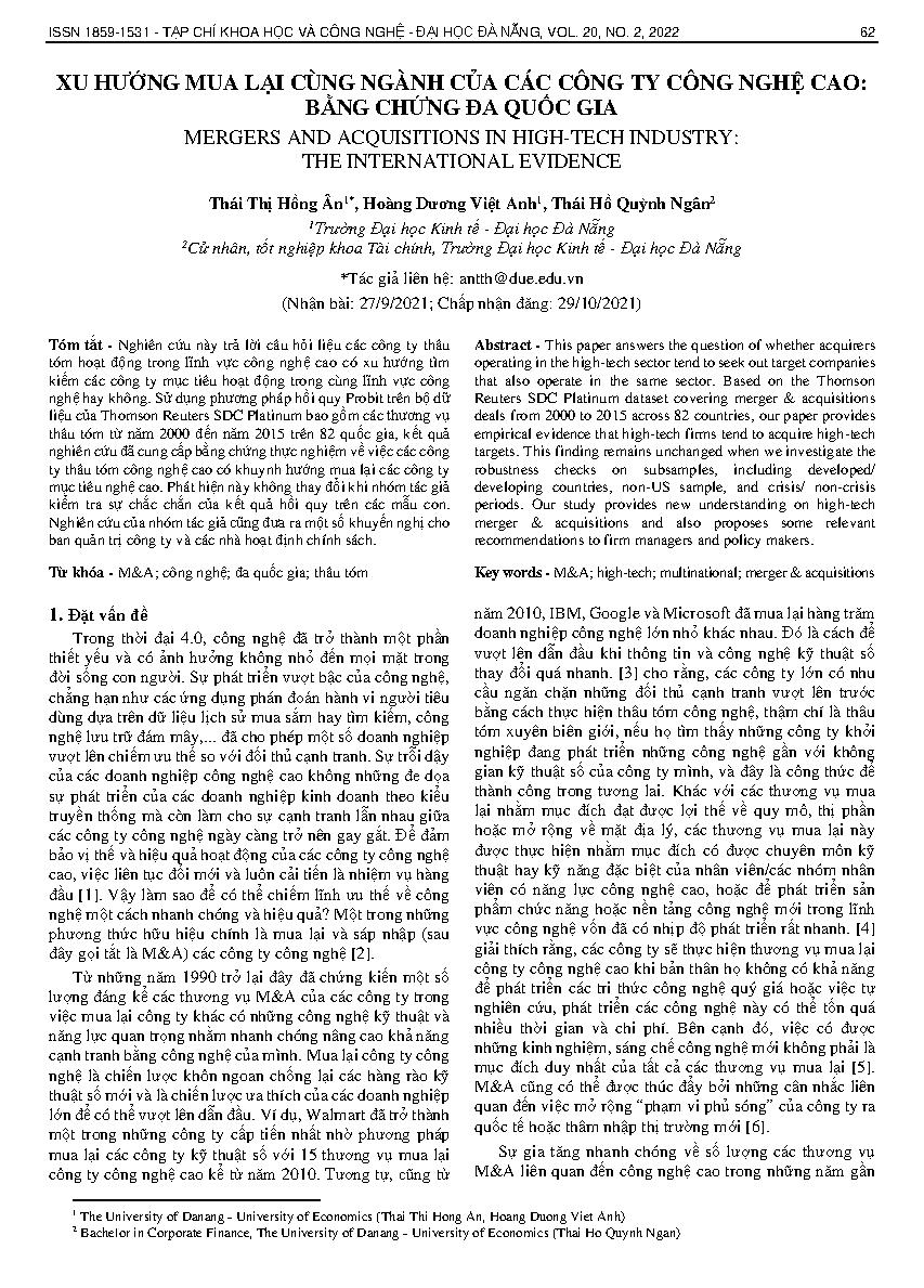 Xu hướng mua lại cùng ngành của các công ty công nghệ cao: bằng chứng đa quốc gia = Mergers and acquisitions in high-tech industry: the international evidence