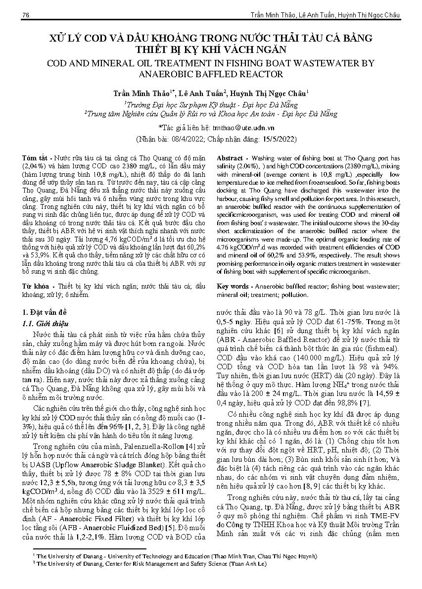 Xử lý cod và dầu khoáng trong nước thải tàu cá bằng thiết bị kỵ khí vách ngăn = Cod and mineral oil treatment in fishing boat wastewater by anaerobic baffled reactor