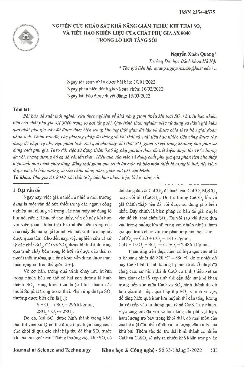 Nghiên cứu khảo sát khả năng giảm thiểu khí thải SO2, và tiêu hao nhiên liệu của chất phụ gia AX 8040 trong lò hơi tầng sôi = Primarily Study on Potential of Fuel Additive - AX 8040 in Reducing Air-Pollutant Emission so, and Fuel Consumption in Fluidized 
