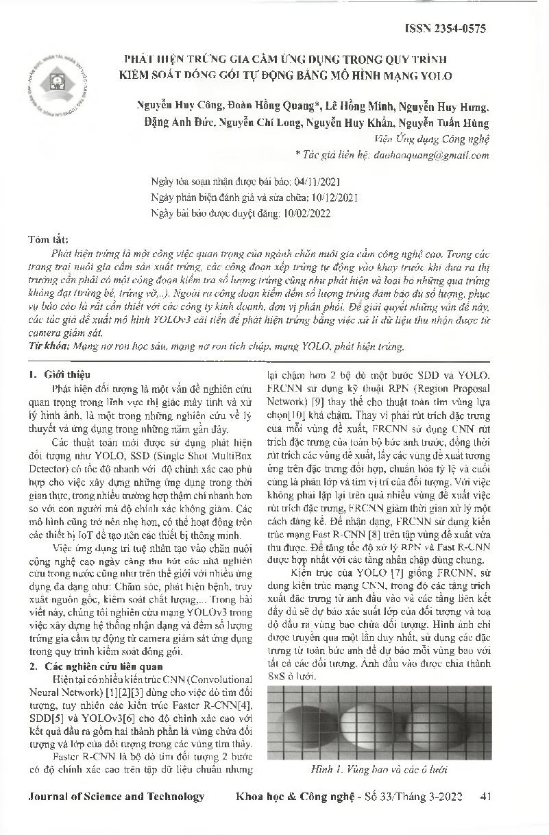 Phát hiện trứng gia cầm ứng dụng trong quy trình kiểm soát đóng gói tự động bằng mô hình mạng YOLO = Poultry Eggs Detection Applications in The Automatic Packaging Control Process by YOLO Model