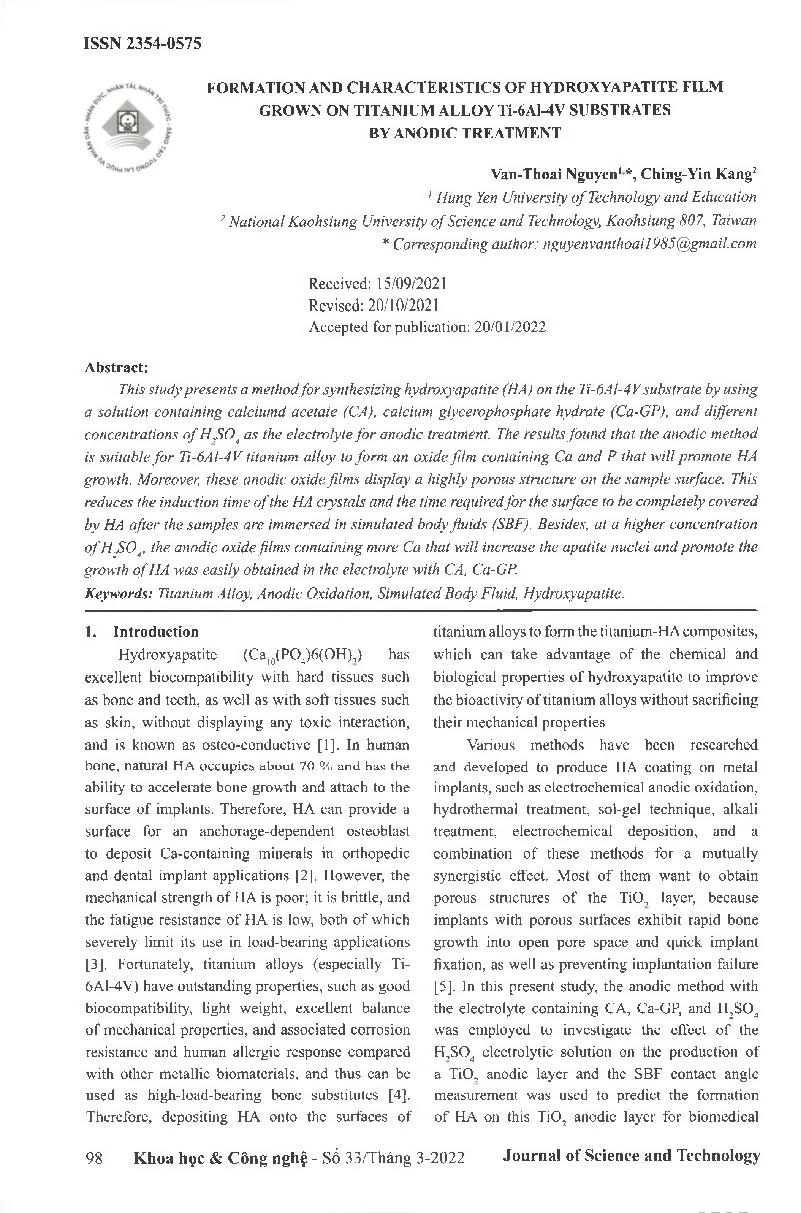 Sự hình thành và đặc điểm của lớp màng hydroxyapatite phát triển trên chất nền hợp kim titan TI-6A1-4V bằng phương pháp oxy hóa cực dương = Formation and characteristics of hydroxyapatite film grown on titanium alloy tí-6a1-4v substrates by anodic treatme