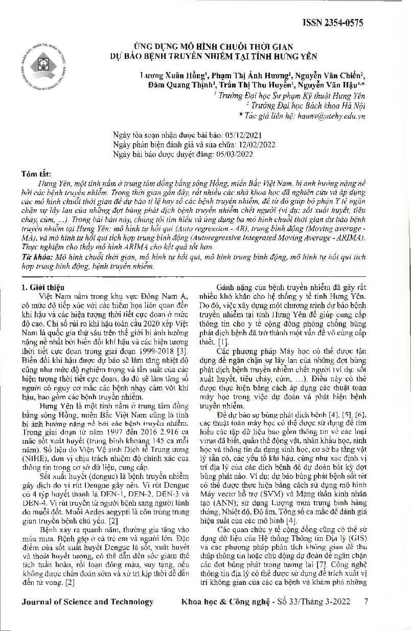 Ứng dụng mô hình chuỗi thời gian dự báo bệnh truyền nhiễm tại tỉnh Hưng Yên = Applying Time Series Models for Predicting The Rate of Influenza Flu in Hung Yen Province