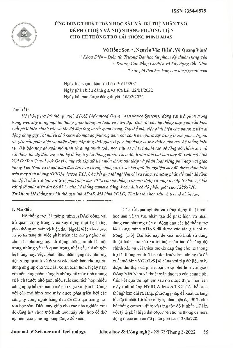 Ứng dụng thuật toán học sâu và trí tuệ nhân tạo đế phát hiện và nhận dạng phương tiện cho hệ thống trợ lái thông minh ADAS = Moving Vehicles Detection and Recognition based on Deep-Learning Algorithm and Artificial Intelligence for Intelligent Driver Assi