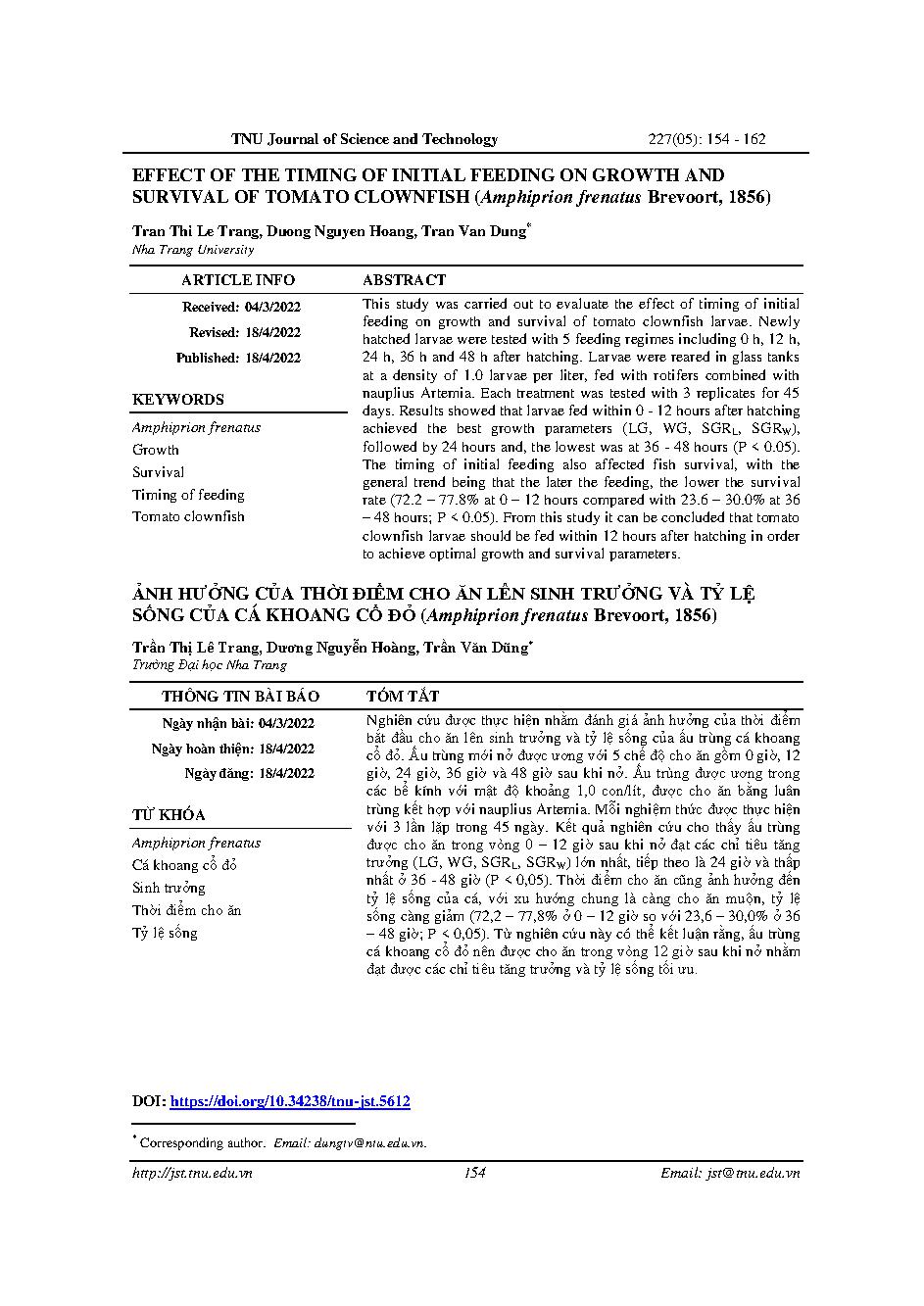 Ảnh hưởng của thời điểm cho ăn lên sinh trưởng và tỷ lệ sống của cá khoang cổ đỏ (amphiprion frenatus brevoort, 1856) = Effect of the timing of initial feeding on growth and survival of tomato clownfish (amphiprion frenatus brevoort, 1856)