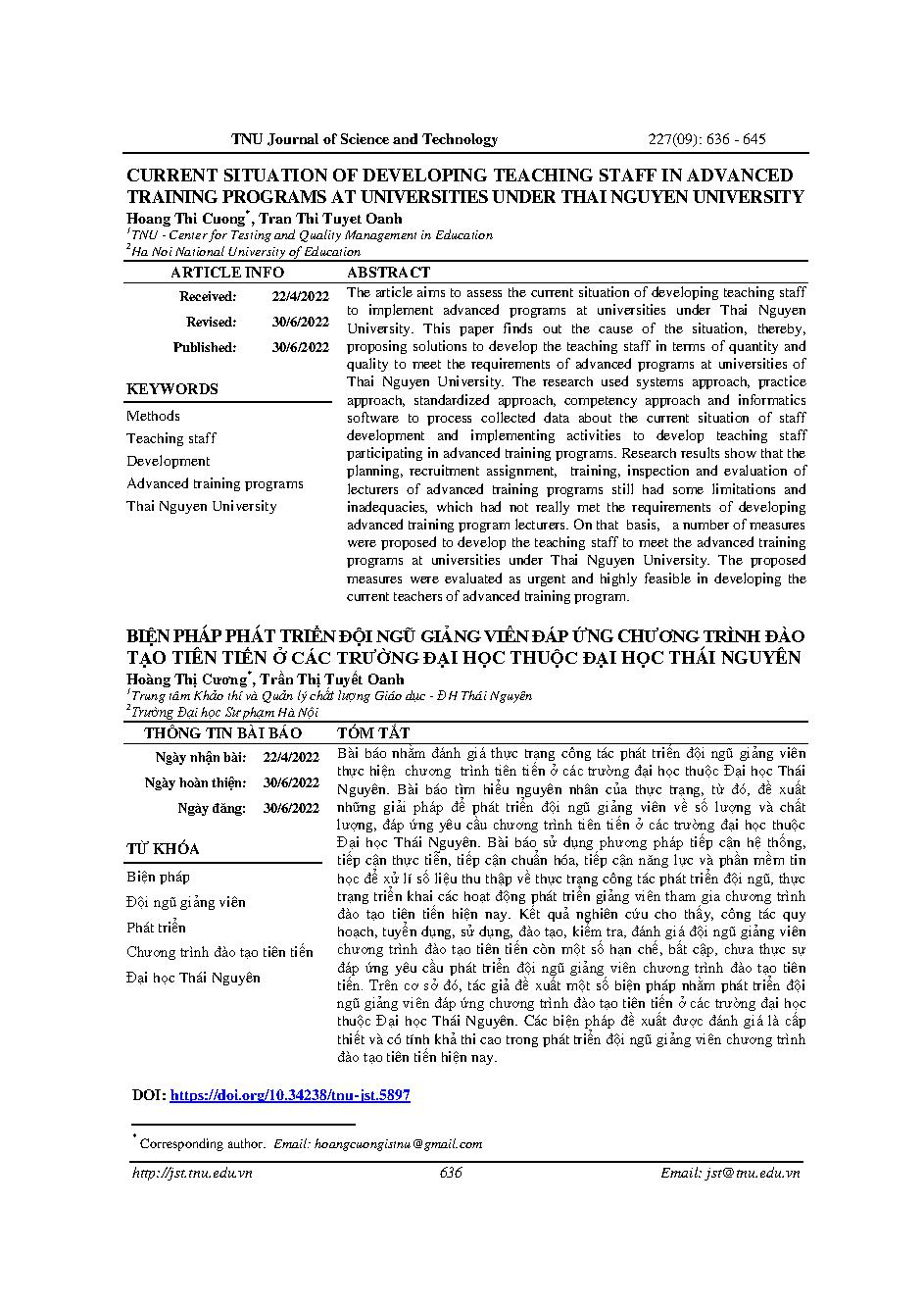 Biện pháp phát triển đội ngũ giảng viên đáp ứng chương trình đào tạo tiên tiến ở các trường đại học thuộc đại học Thái Nguyên = Current situation of developing teaching staff in advanced training programs at universities under Thai Nguyen university
