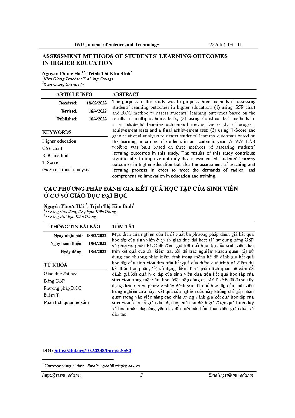 Các phương pháp đánh giá kết quả học tập của sinh viên ở cơ sở giáo dục đại học = Assessment methods of students’ learning outcomes in higher education