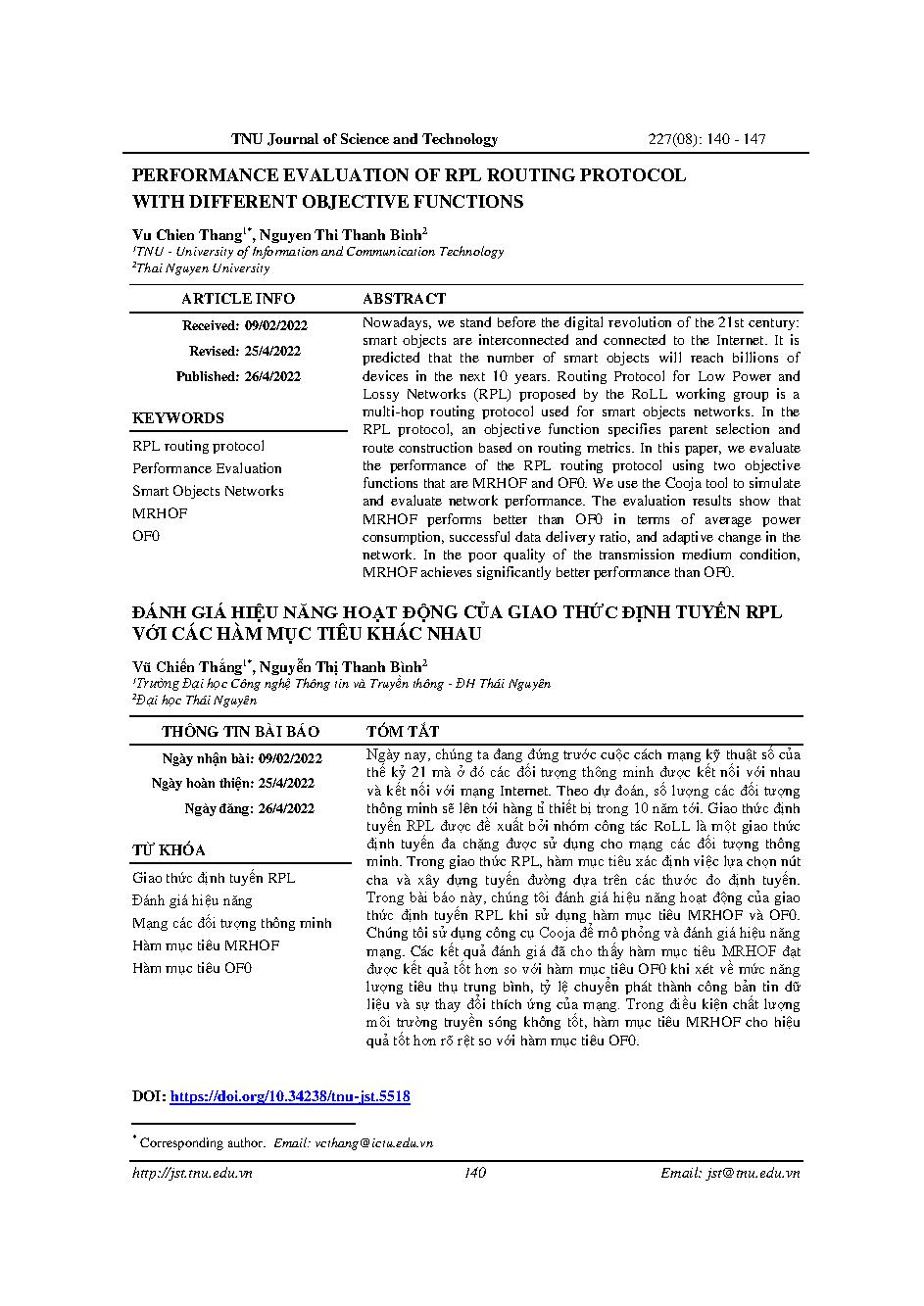 Đánh giá hiệu năng hoạt động của giao thức định tuyến RPL với các hàm mục tiêu khác nhau = Performance evaluation of rpl routing protocol with different objective functions