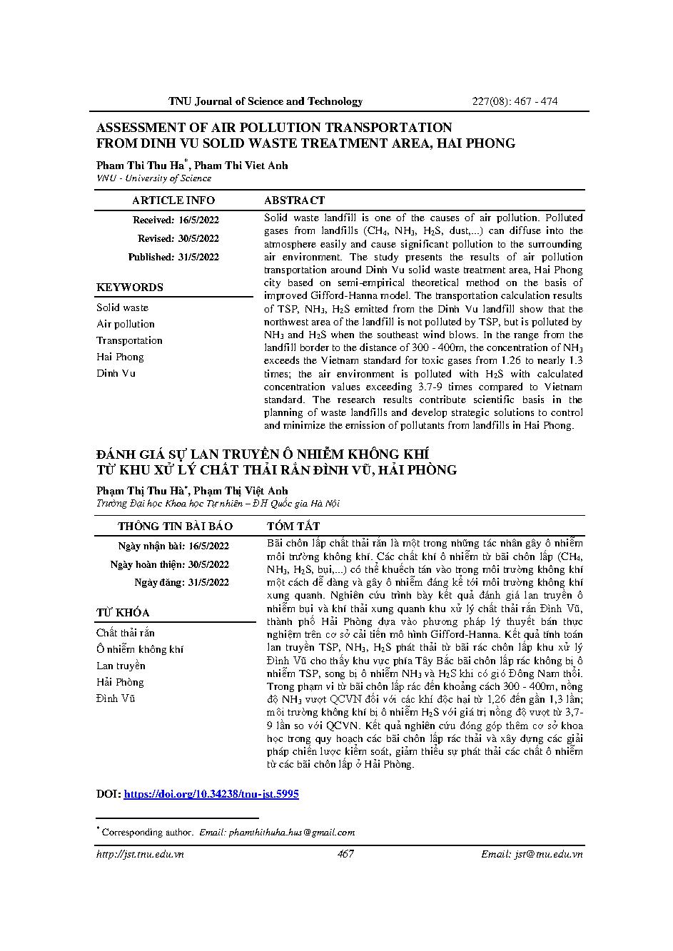Đánh giá sự lan truyền ô nhiễm không khí từ khu xử lý chất thải rắn đình vũ, Hải Phòng = Assessment of air pollution transportation from dinh vu solid waste treatment area, Hai Phong