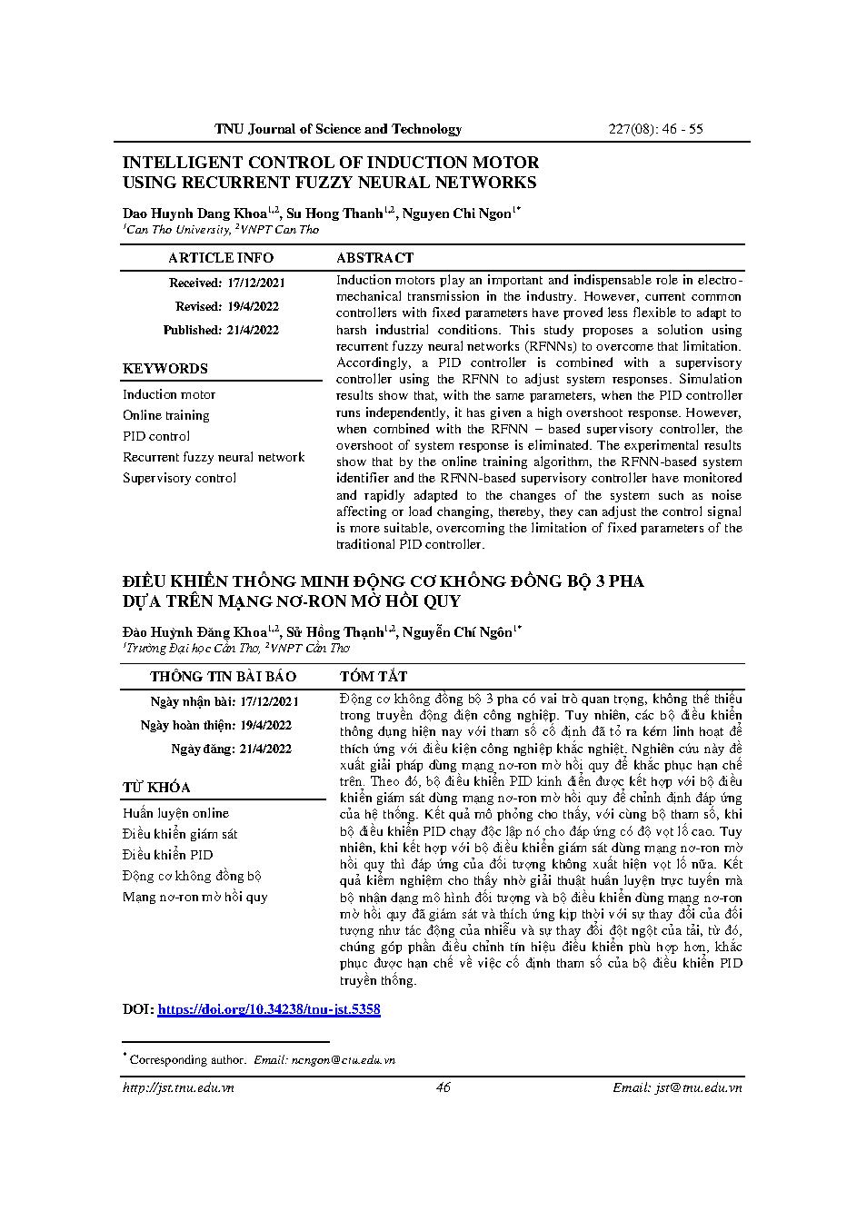 Điều khiển thông minh động cơ không đồng bộ 3 pha dựa trên mạng nơ-ron mờ hồi quy = Intelligent control of induction motor using recurrent fuzzy neural networks