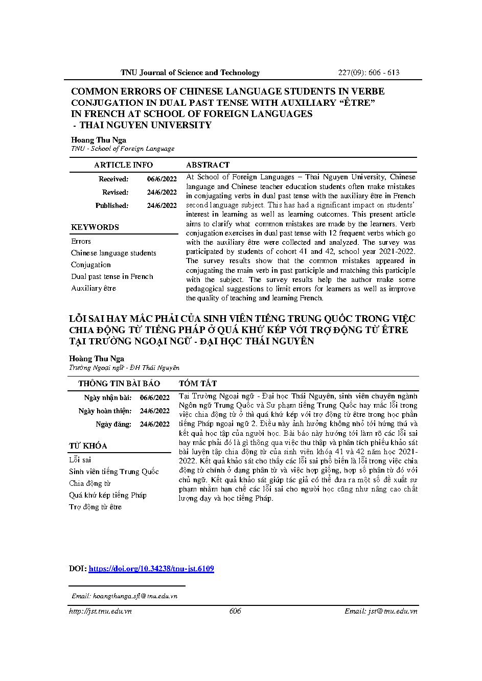 Lỗi sai hay mắc phải của sinh viên tiếng Trung quốc trong việc chia động từ tiếng pháp ở quá khứ kép với trợ động từ être tại trường ngoại ngữ - Đại học Thái Nguyên = Common errors of chinese language students in verbe conjugation in dual past tense with 