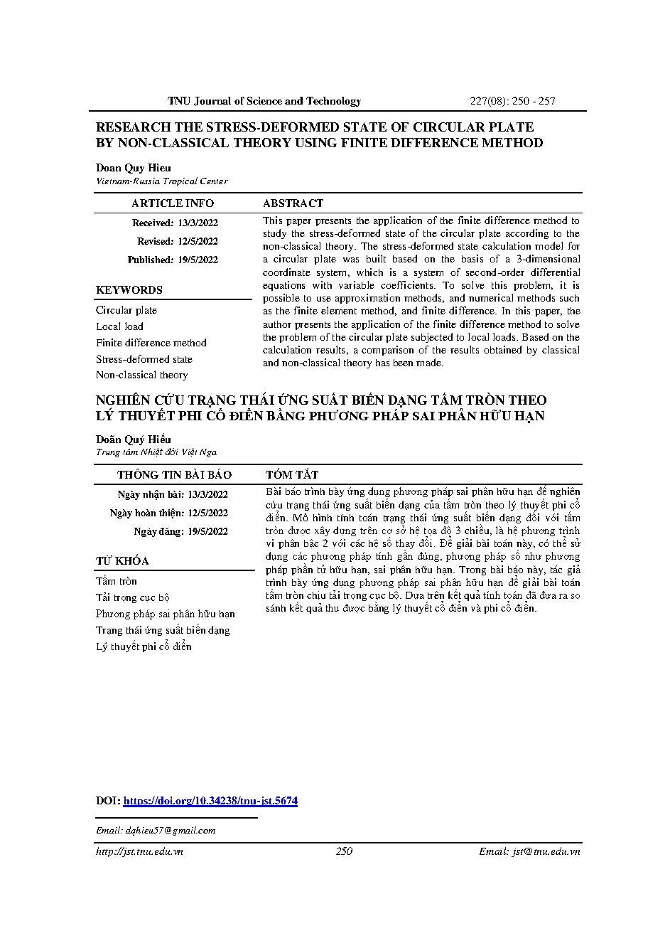 Nghiên cứu trạng thái ứng suất biến dạng tấm tròn theo lý thuyết phi cổ điển bằng phương pháp sai phân hữu hạn = Research the stress-deformed state of circular plate by non-classical theory using finite difference method