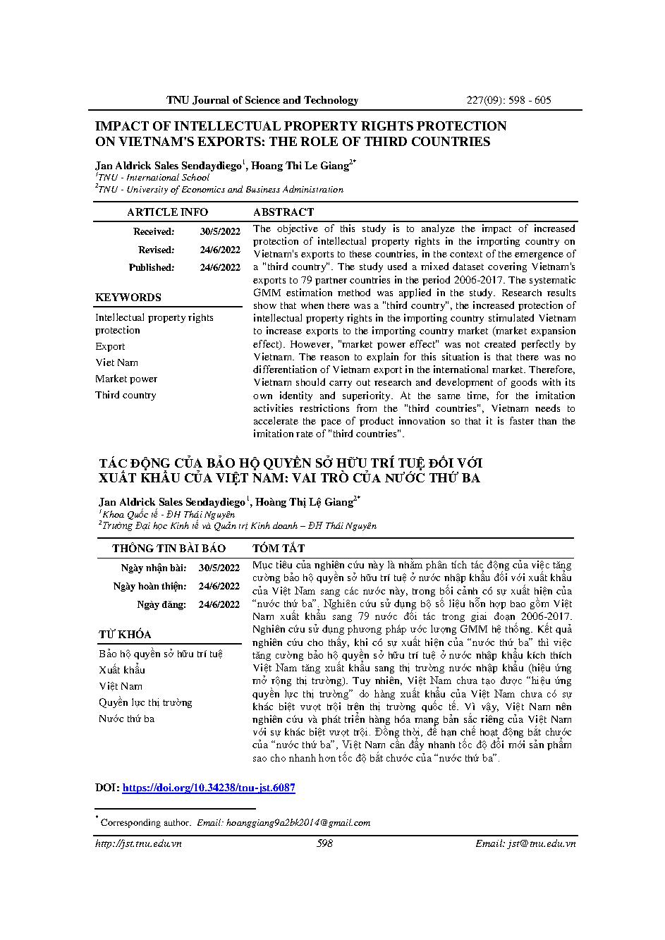 Tác động của bảo hộ quyền sở hữu trí tuệ đối với xuất khẩu của Việt Nam: vai trò của nước thứ ba = Impact of intellectual property rights protection on vietnam's exports: the role of third countries