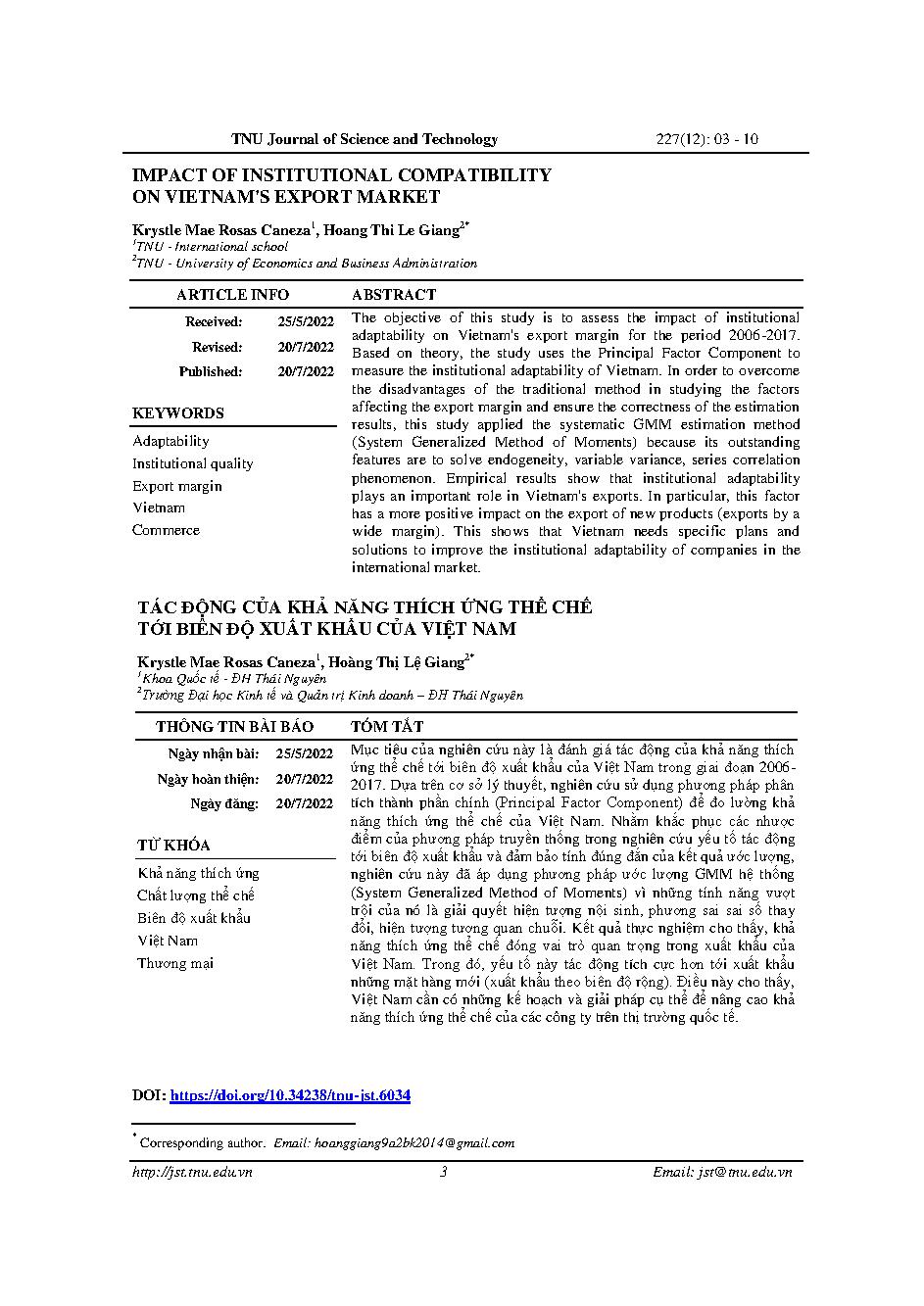Tác động của khả năng thích ứng thể chế tới biên độ xuất khẩu của Việt Nam = Impact of institutional compatibility on Vietnam's export market