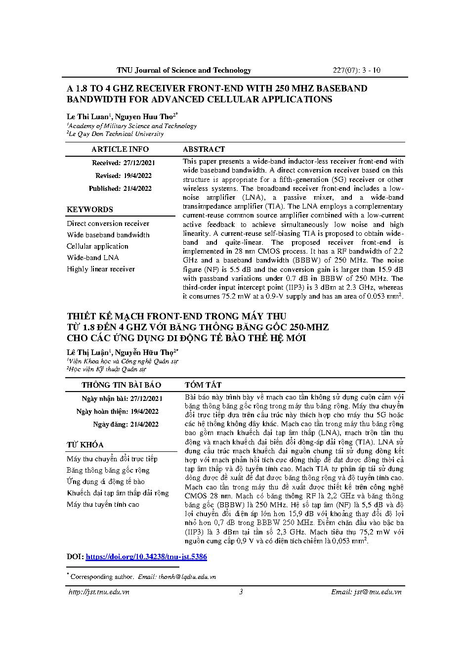 Thiết kế mạch front-end trong máy thu từ 1.8 đến 4 ghz với băng thông băng gốc 250-mhz cho các ứng dụng di động tế bào thế hệ mới