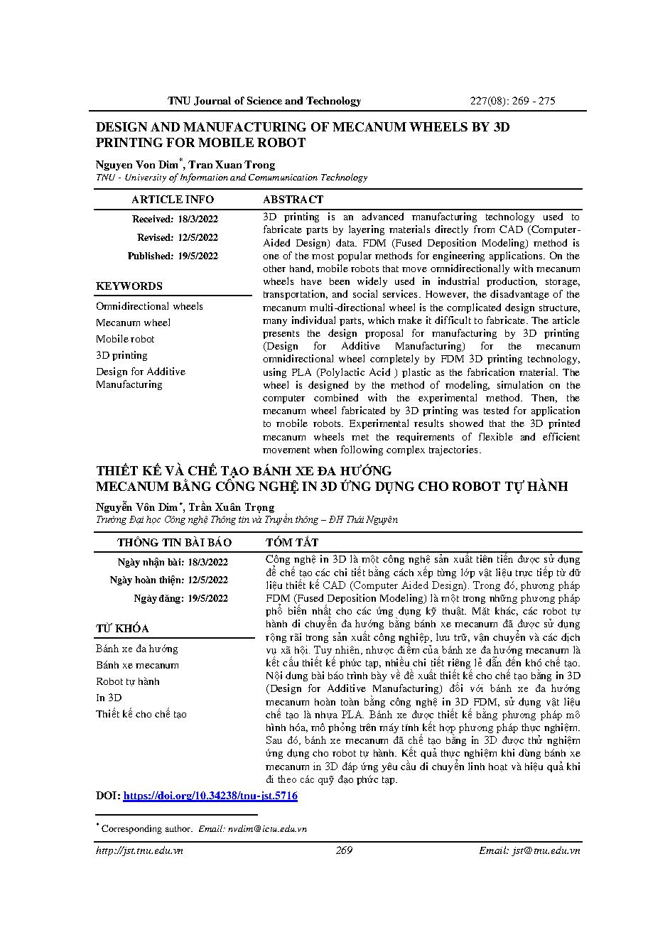 Thiết kế và chế tạo bánh xe đa hướng mecanum bằng công nghệ in 3d ứng dụng cho robot tự hành = Design and manufacturing of mecanum wheels by 3d printing for mobile robot
