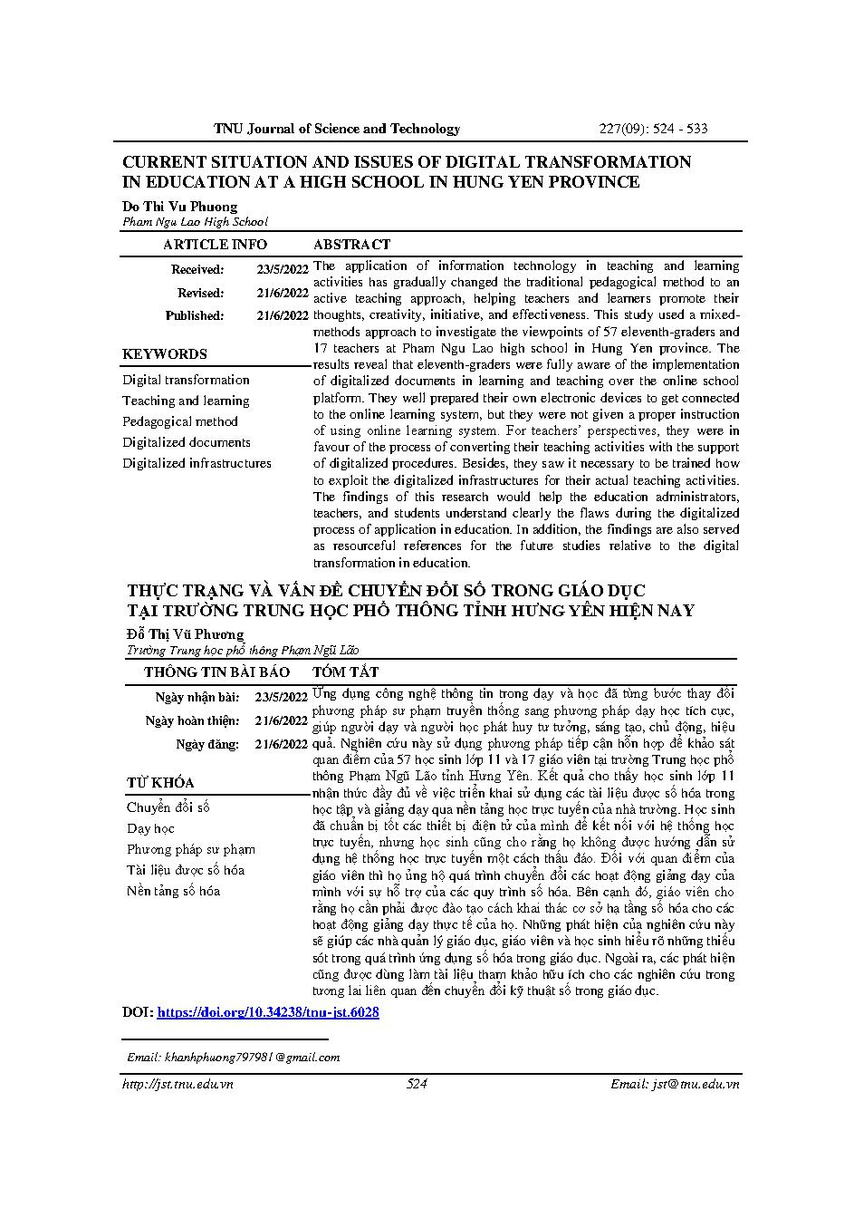 Thực trạng và vấn đề chuyển đổi số trong giáo dục tại trường trung học phổ thông tỉnh Hưng Yên hiện nay = Current situation and issues of digital transformation in education at a high school in Hung Yen province