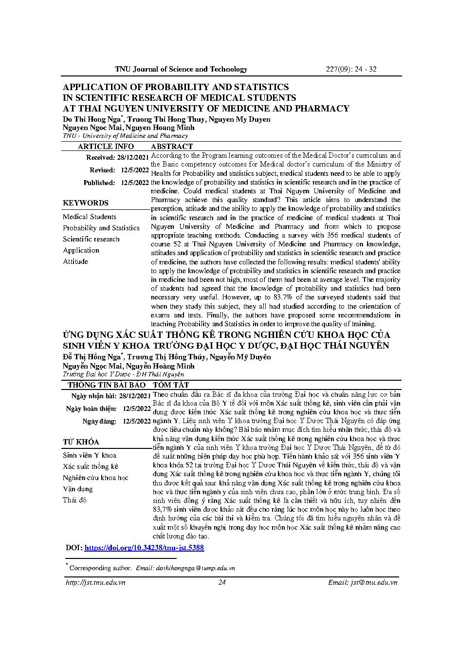Ứng dụng xác suất thống kê trong nghiên cứu khoa học của sinh viên y khoa trường đại học y dược, đại học Thái Nguyên = Application of probability and statistics in scientific research of medical students at thai nguyen university of medicine and pharmacy
