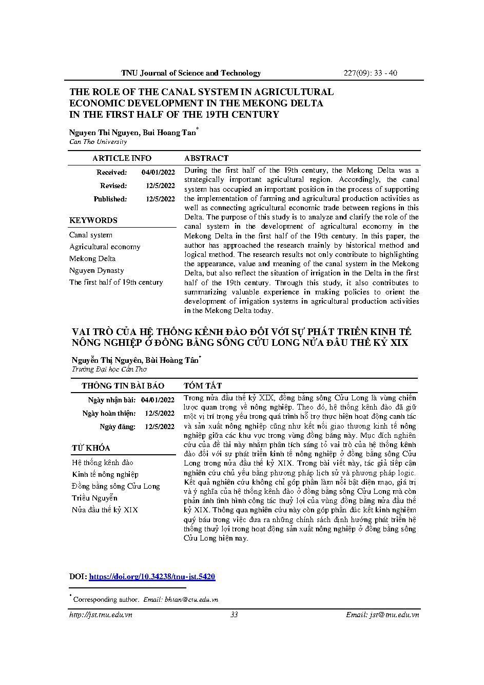 Vai trò của hệ thống kênh đào đối với sự phát triển kinh tế nông nghiệp ở đồng bằng sông cửu long nửa đầu thế kỷ XIX = The role of the canal system in agricultural economic development in the mekong delta in the first half of the 19th century