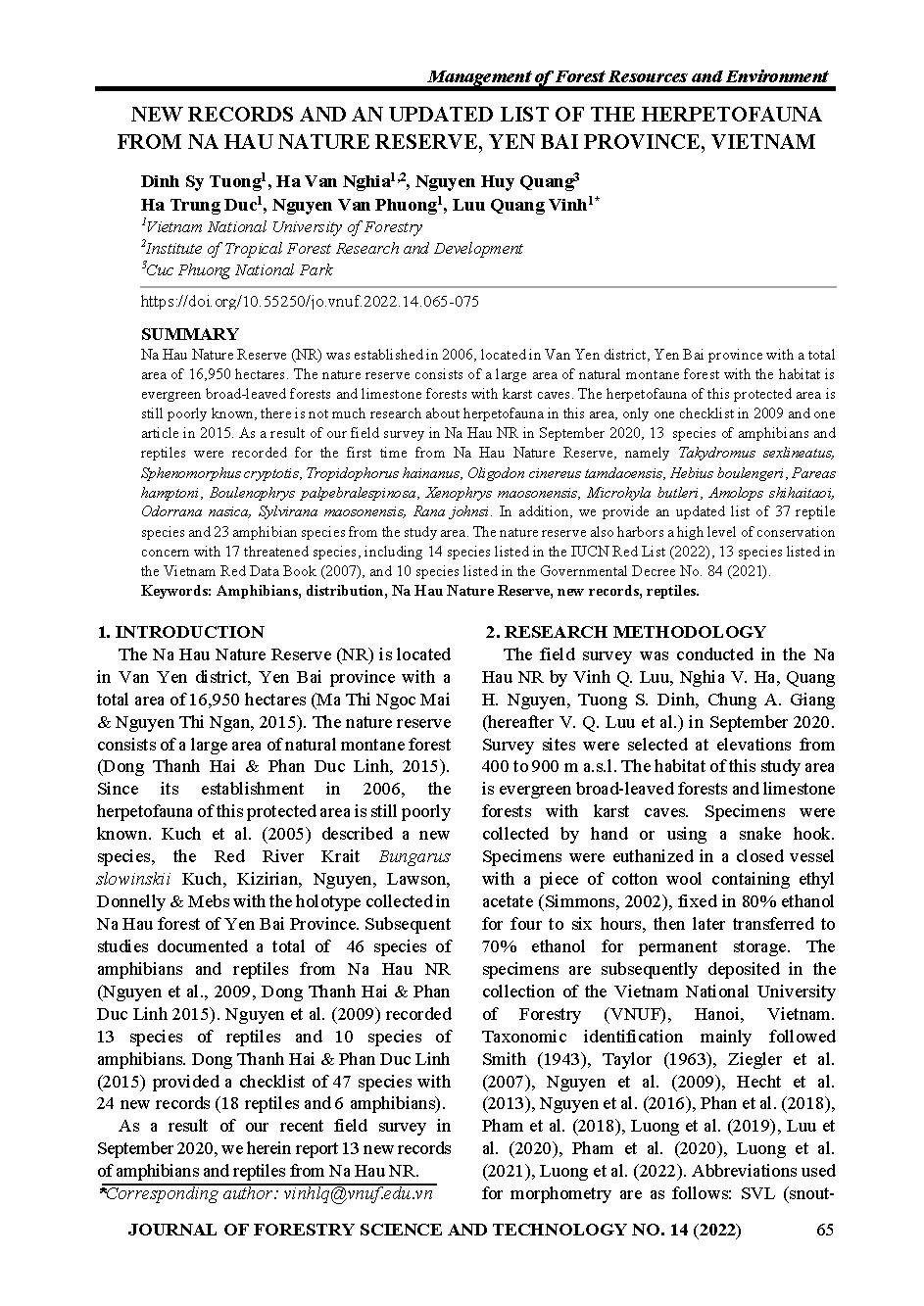 Ghi nhận mới và cập nhật danh sách loài bò sát và lưỡng tại khu bảo tồn thiên nhiên nà hẩu, tỉnh yên bái, Việt Nam = New records and an updated list of the herpetofauna from na hau nature reserve, yen bai province, vietnam