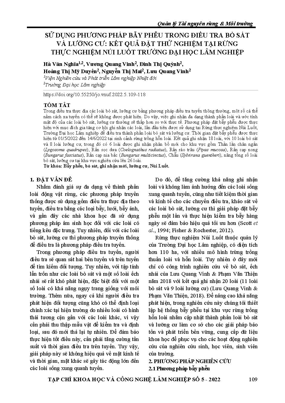 Sử dụng phương pháp bẫy phễu trong điều tra bò sát và lưỡng cư: kết quả đặt thử nghiệm tại rừng thực nghiệm núi luốt trường đại học lâm nghiệp = Using funnel traps method for surveying reptiles and amphibians: one test result in nui luot experimental fore