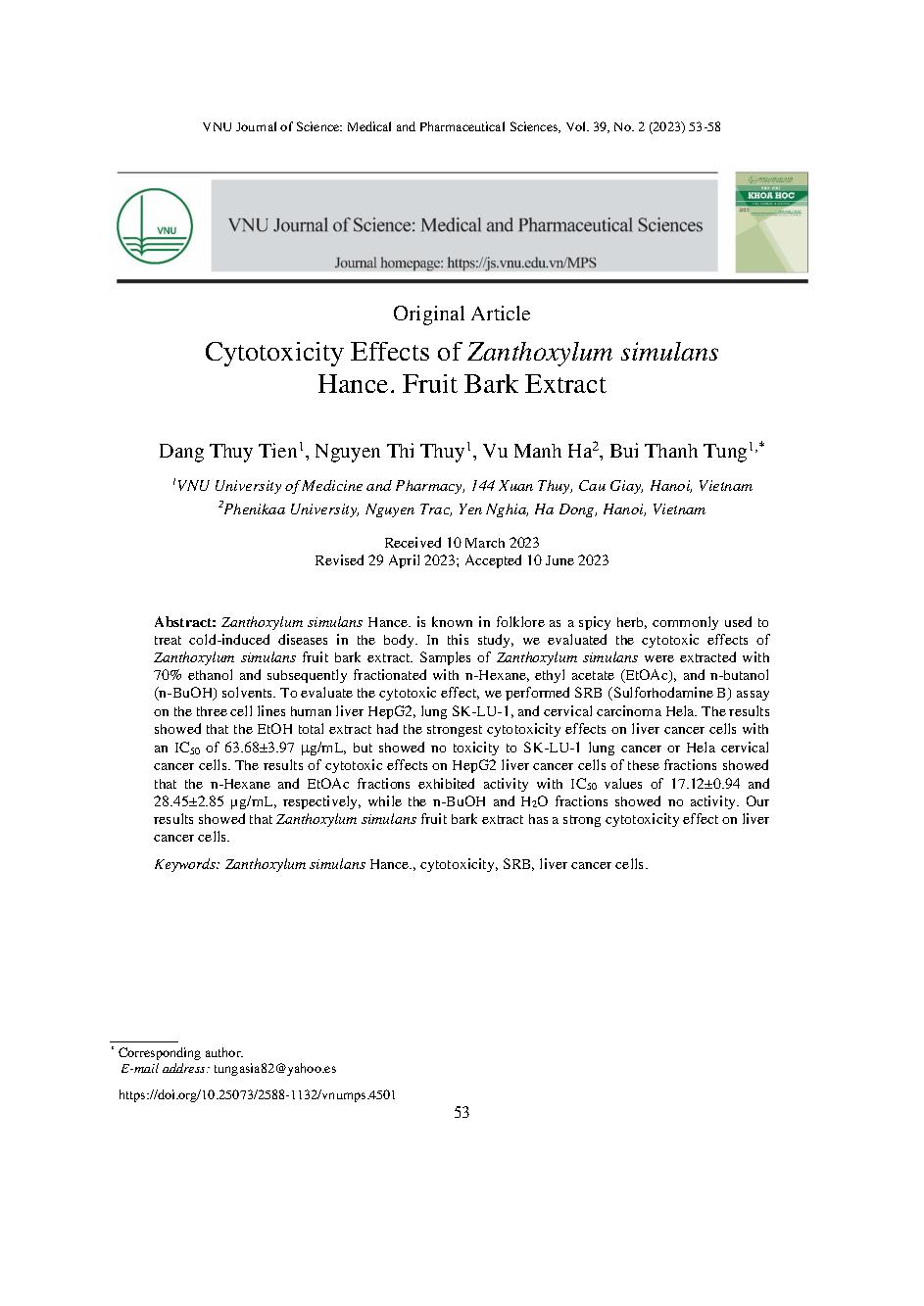 Nghiên cứu tác dụng ức chế tế bào ung thư của vỏ quả Xuyên tiêu (Zanthoxylum simulans Hance.) = Cytotoxicity Effects of Zanthoxylum simulans Hance. Fruit Bark Extract