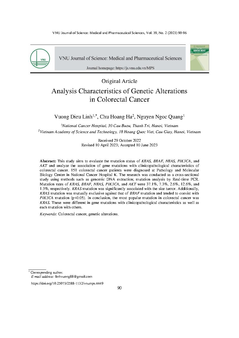 Phân tích đặc điểm một số biến đổi di truyền ở bệnh nhân ung thư đại trực tràng = Analysis Characteristics of Genetic Alterations in Colorectal Cancer