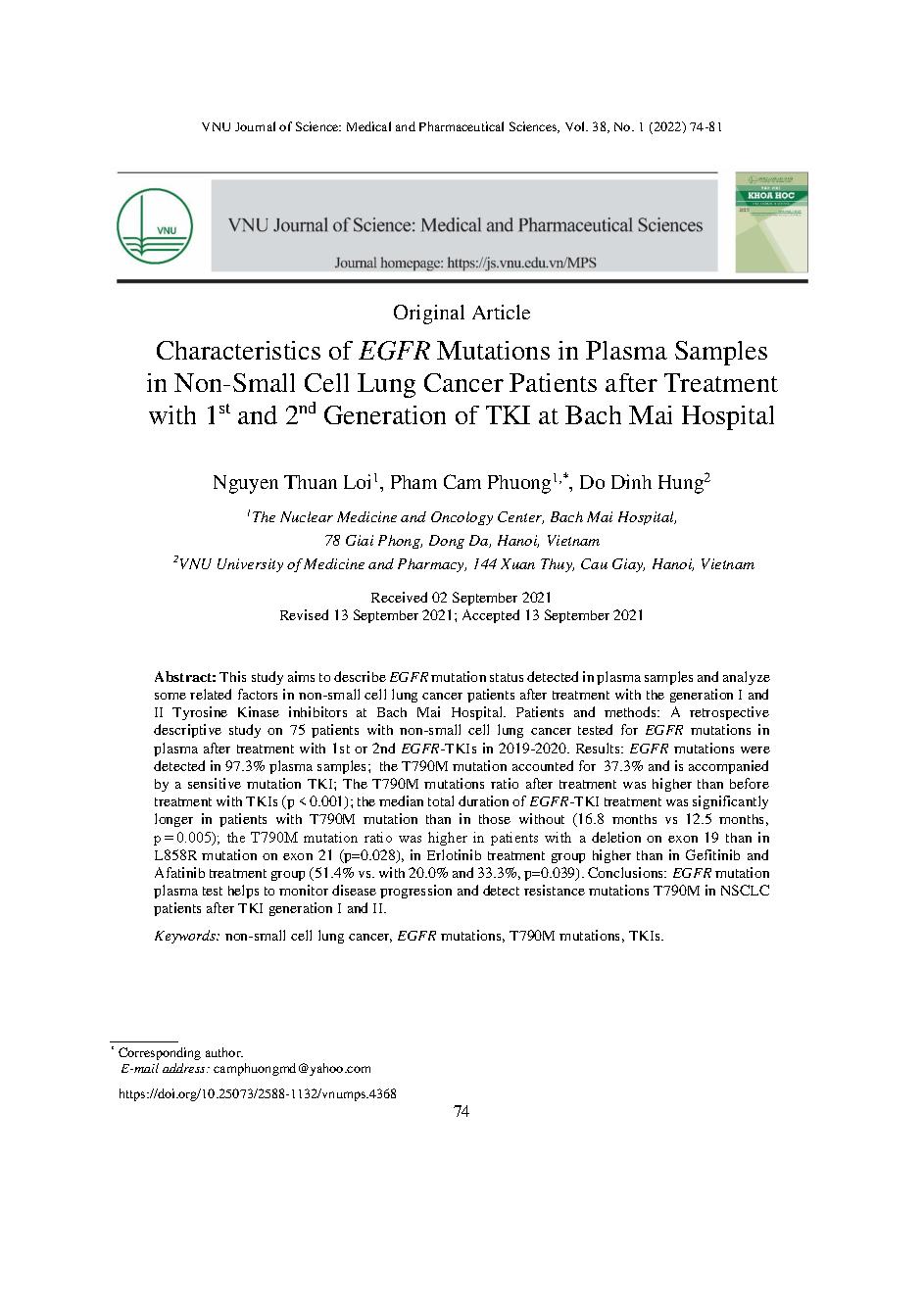 Đặc điểm đột biến gen EGFR trong mẫu huyết tương ở bệnh nhân ung thư phổi không tế bào nhỏ sau điều trị TKI thế hệ I, II tại Bệnh viện Bạch Mai = Characteristics of EGFR Mutations in Plasma Samples in Non-Small Cell Lung Cancer Patients after Treatment wi