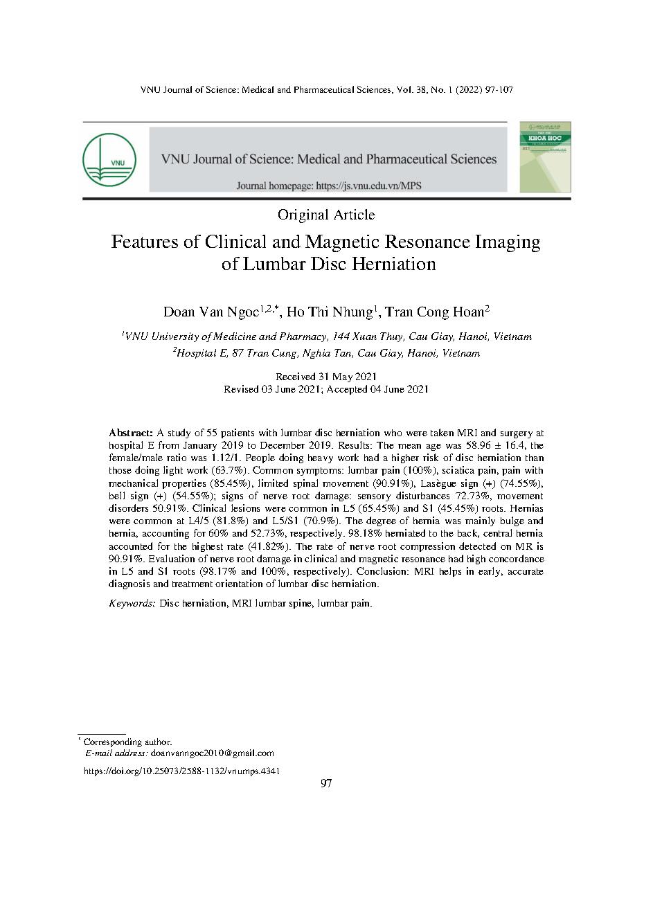 Đặc điểm lâm sàng và hình ảnh cộng hưởng từ thoát vị đĩa đệm cột sống thắt lưng = Features of Clinical and Magnetic Resonance Imaging of Lumbar Disc Herniation