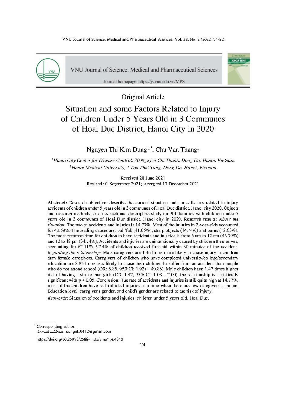 Thực trạng và một số yếu tố liên quan đến tai thương tích của trẻ dưới 5 tuổi tại 3 xã huyện Hoài Đức, Thành Phố Hà Nội năm 2020 = Situation and some Factors Related to Injury of Children Under 5 Years Old in 3 Communes of Hoai Duc District, Hanoi City in