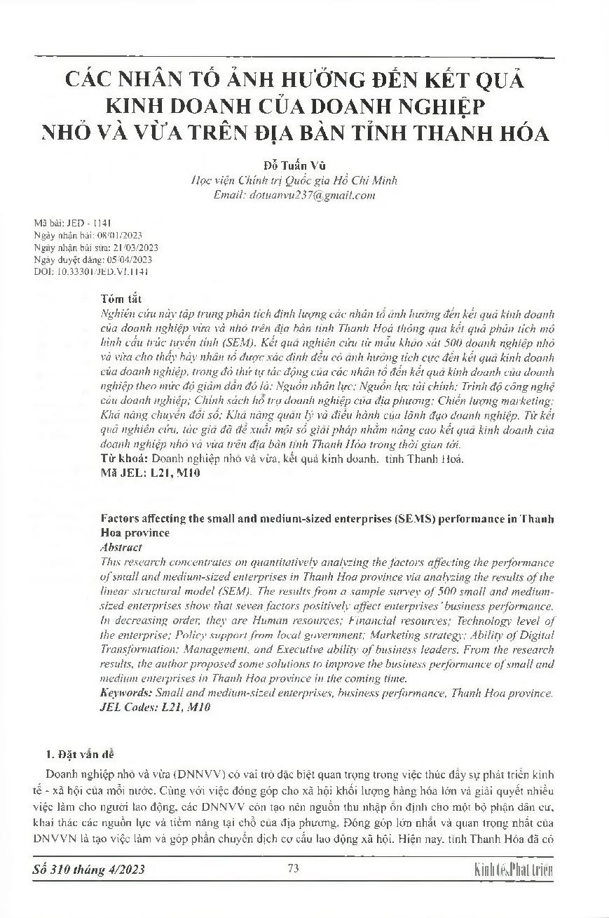 Các nhân tố ảnh hưởng đến kết quả kinh doanh của doanh nghiệp nhỏ và vừa trên địa bàn tỉnh Thanh Hóa = Factors affecting the small and medium-sized enterprises (SEMS) performance in Thanh Hoa province